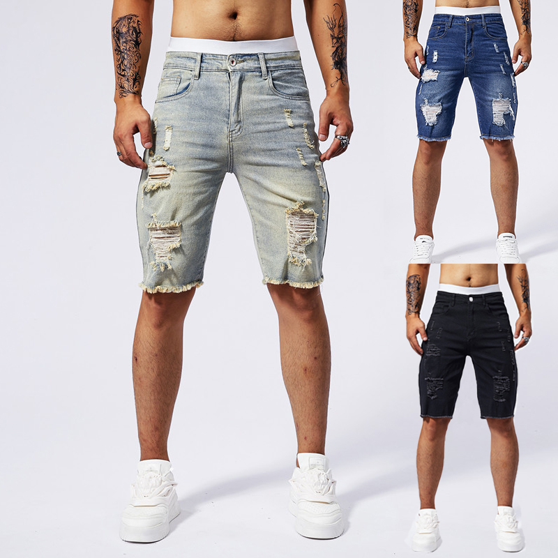 Streetwear Brand Vintage - Celana Pendek Denim Robek Pria Baru